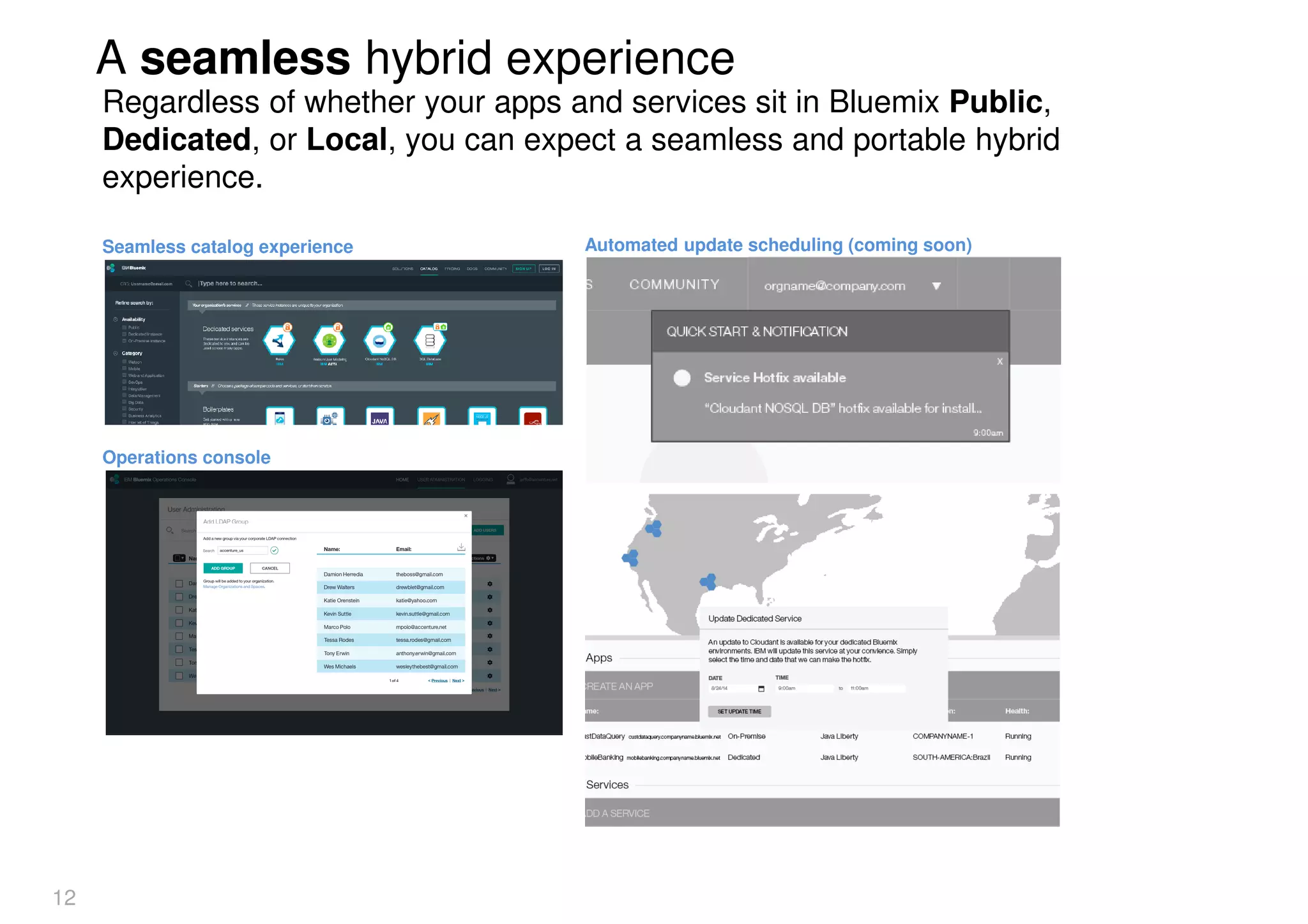 Seamless catalog experience Automated update scheduling (coming soon)
Operations console
A seamless hybrid experience
12
Regardless of whether your apps and services sit in Bluemix Public,
Dedicated, or Local, you can expect a seamless and portable hybrid
experience.
 