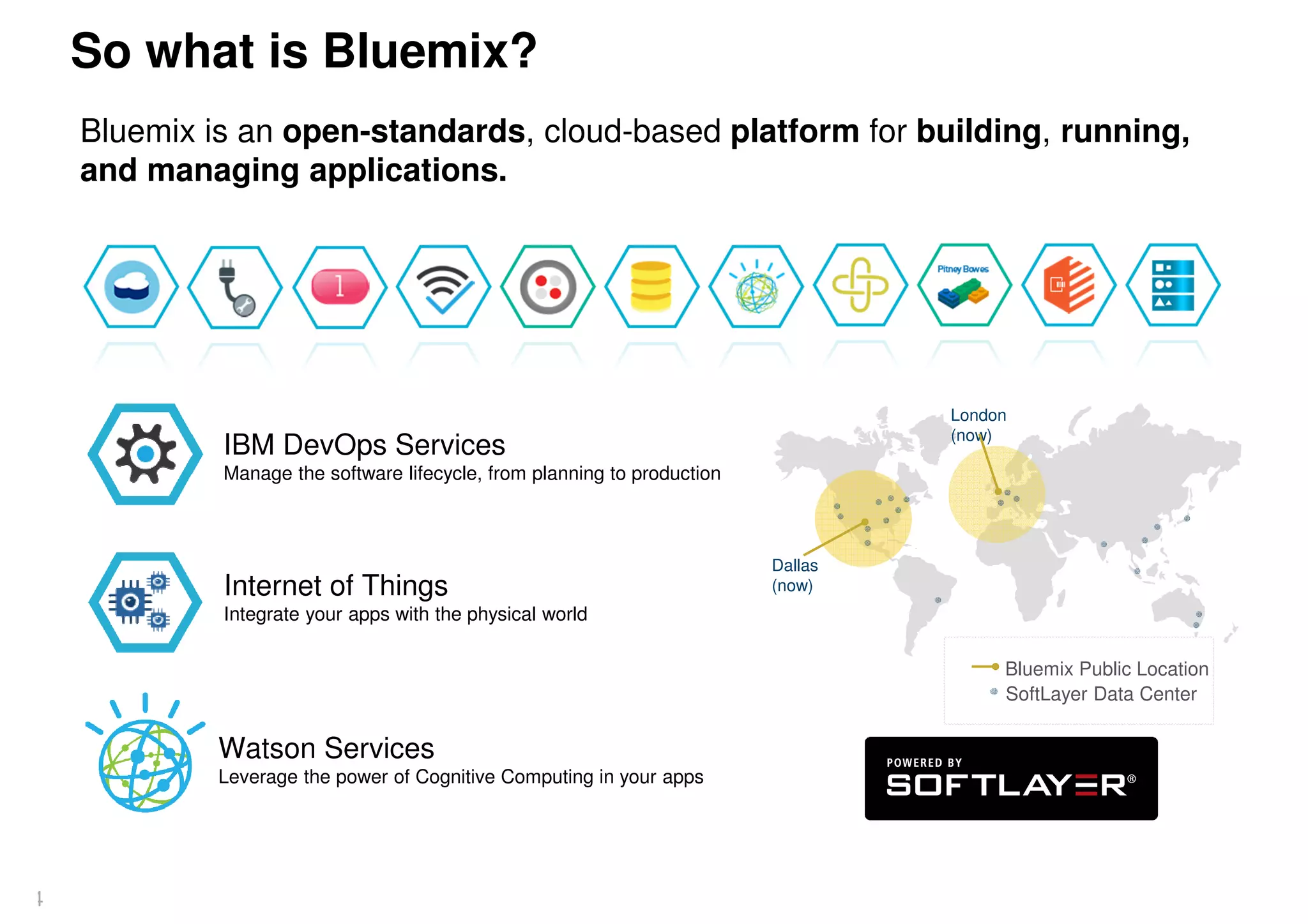 So what is Bluemix?
4
Bluemix is an open-standards, cloud-based platform for building, running,
and managing applications.
IBM DevOps Services
Manage the software lifecycle, from planning to production
Internet of Things
Integrate your apps with the physical world
Watson Services
Leverage the power of Cognitive Computing in your apps
Dallas
(now)
London
(now)
Bluemix Public Location
SoftLayer Data Center
 