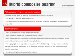 2. Products & service
16
Differentiation of hybrid composite bearing
• Improved properties in all fields to compare with white metal 18% ~900%
• High efficiency (Reduce power loss-Torque)
• High reliability under emergency situation (Oil cut, Lower amplitude, higher load, higher oil supply
temp., etc)
Technical value
• Reduce operating cost by high efficiency & reliability
• Reduce back up system cost (No need jacking oil system)
• Apply unique design by overcoming of mechanical limitation ( more than 2itmes higher load, higher
wear resistance, lower power loss, lower amplitude, etc.)
• If oil supplying temp. is higher due to you can’t sufficient oil cooling when your system has to be
operated Middle east area, Africa, etc.), The hybrid composite bearing can give higher reliability &
reducing power loss
• Strong marketing factor by product differentiation
 