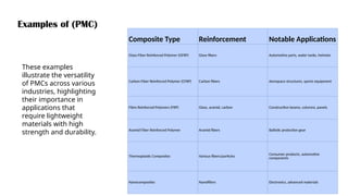 Composite Type Reinforcement Notable Applications
Glass Fiber Reinforced Polymer (GFRP) Glass fibers Automotive parts, water tanks, helmets
Carbon Fiber Reinforced Polymer (CFRP) Carbon fibers Aerospace structures, sports equipment
Fibre Reinforced Polymers (FRP) Glass, aramid, carbon Construction beams, columns, panels
Aramid Fiber Reinforced Polymer Aramid fibers Ballistic protection gear
Thermoplastic Composites Various fibers/particles
Consumer products, automotive
components
Nanocomposites Nanofillers Electronics, advanced materials
These examples
illustrate the versatility
of PMCs across various
industries, highlighting
their importance in
applications that
require lightweight
materials with high
strength and durability.
Examples of (PMC)
 