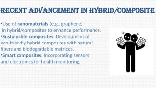 Recent advancement in hybrid/composite
•Use of nanomaterials (e.g., graphene)
in hybrid/composites to enhance performance.
•Sustainable composites: Development of
eco-friendly hybrid composites with natural
fibers and biodegradable matrices.
•Smart composites: Incorporating sensors
and electronics for health monitoring.
 