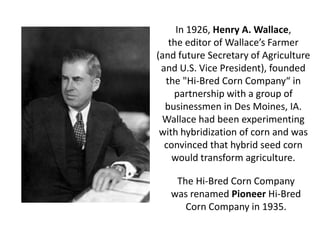 In 1926, Henry A. Wallace, 
the editor of Wallace’s Farmer 
(and future Secretary of Agriculture and U.S. Vice President), founded the "Hi-Bred Corn Company“ in partnership with a group of businessmen in Des Moines, IA. Wallace had been experimenting with hybridization of corn and was convinced that hybrid seed corn would transform agriculture. 
The Hi-Bred Corn Company was renamed Pioneer Hi-Bred Corn Company in 1935.  