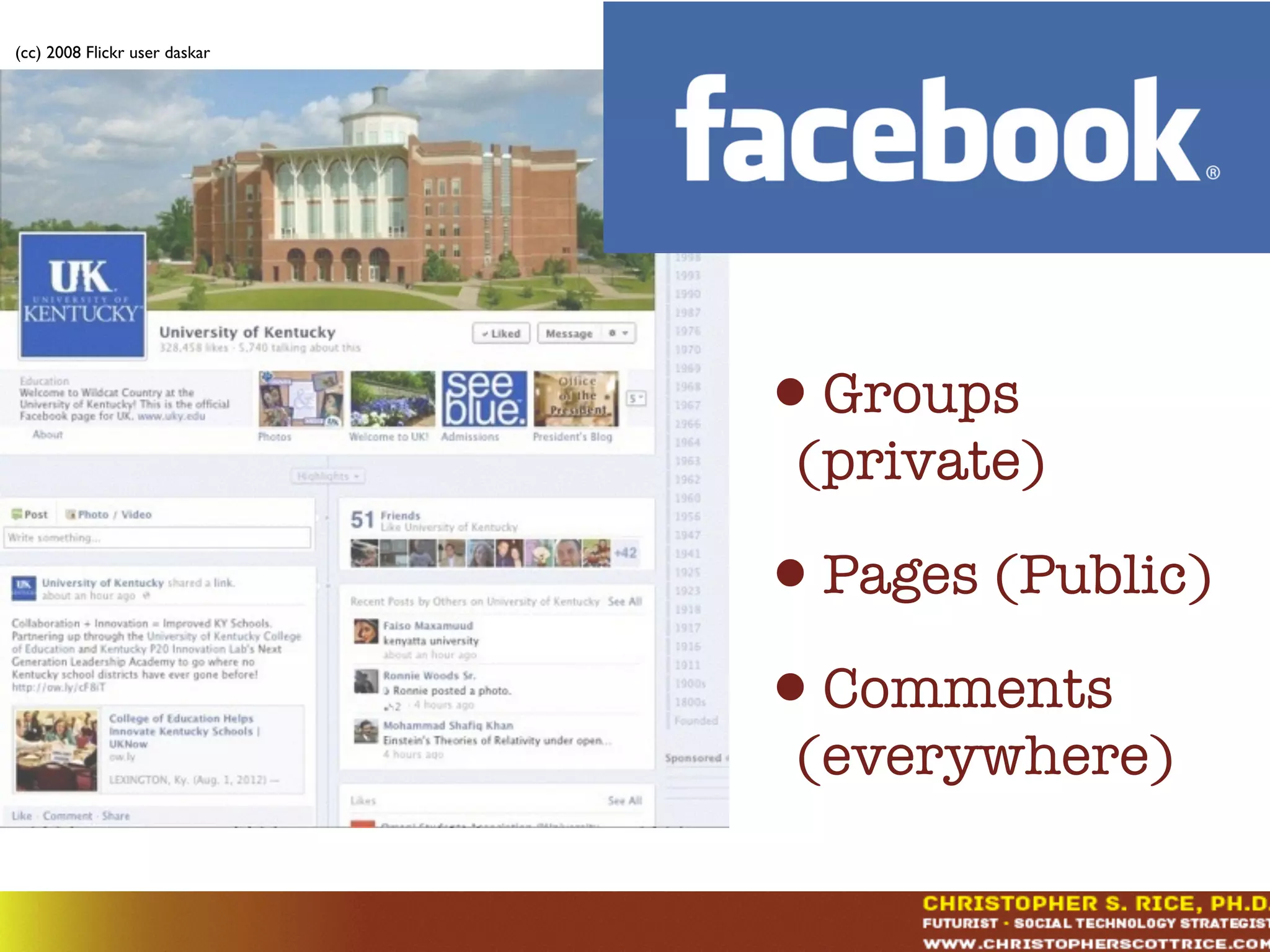 (cc) 2008 Flickr user daskar
•Groups
(private)
•Pages (Public)
•Comments
(everywhere)
 