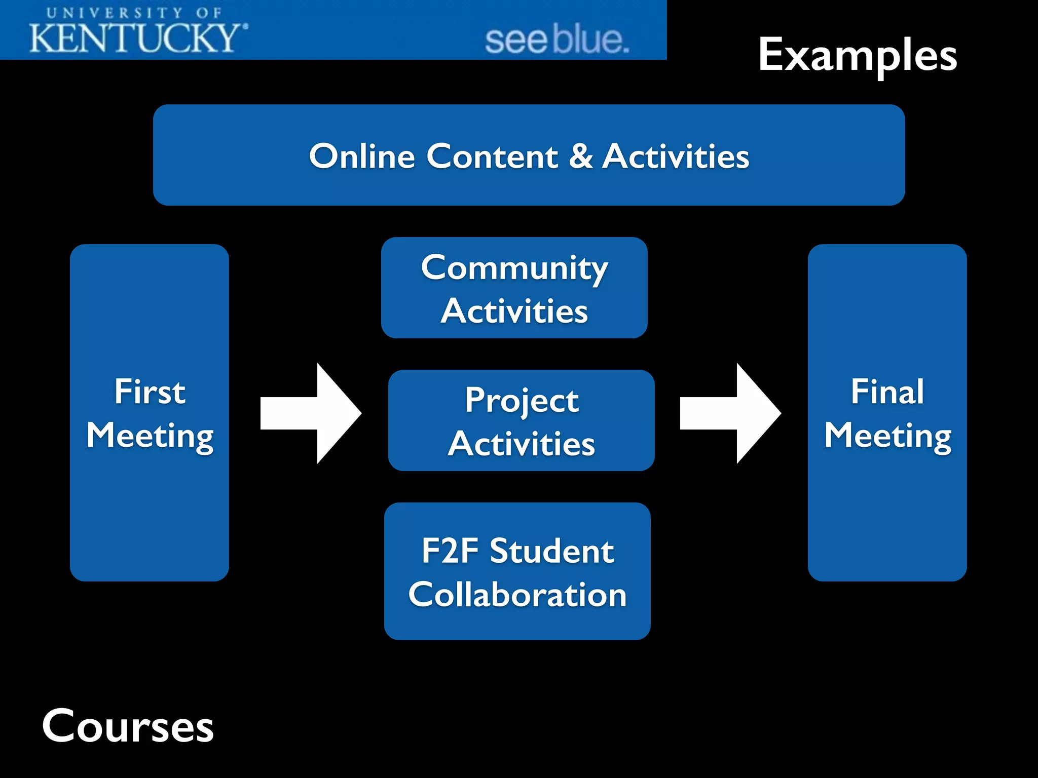 Examples
First
Meeting
Final
Meeting
Community
Activities
Courses
Online Content & Activities
Project
Activities
F2F Student
Collaboration
 