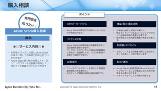 Copyright © Japan Business Systems, Inc. 15
購入相談
■□サービス内容□■
• お客様オフィスに訪問しAzure Stack
の導入に関しての疑問に回答させてい
ただきます
• Azure Stack導入時の初期コスト、ラ
ンニングコストをお客様の利用シナリ
オにそって試算させていただきます
Azure Stack購入相談
無償
OEMメーカー/モデル
• Azure Stackは限られたOEMメーカーから
のみ発売されます。
ポイント
• Azure Stackの利用料金は従量課金および
固定価格を選択できます。
• ワークロードのライセンス料金は従量課金
に含める、別途購入する、スプラを利用す
る等から選択できます。
ライセンス形態
設置場所
• スケールアウトすることも想定した電源容
量見積もりが必要です。
• ホスティング環境の利用も検討可能です。
利用量/キャパシティ
• どのリソースをどの程度利用になるのかに
よって必要ノード数が変化します。
構築/既存環境連携
• ID基盤の選定と連携が必要です。
• 既存ネットワークおよびパブリッククラウ
ドとの接続形態の考慮が必要です。
• 既存環境との名前解決連携の考慮が必要で
す。
監視/運用
• Azure Stackの監視/監視はAzure Stackの
「クラウド」としての実装に沿った形で実
施する必要があります。
• マネージドサービスの利用も可能です。
 