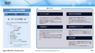 Copyright © Japan Business Systems, Inc. 19
設計
■□サービス内容□■
• Azure Stackおよび周辺環境の設計を
行います
• キャパシティ
• リソース構成
• ノード構成
• 電源構成
• ID連携
• ネットワーク連携
• DNS連携
• 課金管理設計
• Azure接続
• レポーティング設計
• マーケットプレイス連携設計
• 運用
• クォータ/プラン/オファー
• バックアップ
Azure Stack設計
基本料金 200万円～ キャパシティ設計
• Azure Stackはスケールアウト可能なシス
テムのためスケールアウトの想定も含めて
設計を行う必要があります。
• 物理的な配置場所、電源容量も含めた設計
が重要です。
ポイント
ID連携設計
• Azure StackはAzure Active Directoryある
いはActive Directoryフェデレーションサー
ビスと連携します。
• 既存のActive DirectoryをそのままID基盤
として利用することはできないため、どの
ようにID連携を実施するかの設計が重要で
す。
課金管理/レポーティング
• 自由に環境を作成できるクラウドでは、利
用者に対してどのように内部組織に対して
課金およびレポーティングを実施するかが
重要です。
構築/既存環境連携
• ID基盤の選定と連携が必要です。
• 既存ネットワークおよびパブリッククラウ
ドとの接続形態の考慮が必要です。
• 既存環境との名前解決連携の考慮が必要で
す。
監視/運用
• Azure Stackには既存の監視手法をそのま
ま適用することは通常できないため、連携
設計が重要です。
• マネージドサービスの利用も可能です。
 