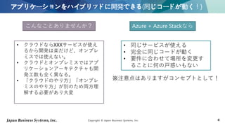 Copyright © Japan Business Systems, Inc. 4
アプリケーションをハイブリッドに開発できる(同じコードが動く！)
Azure + Azure Stackなら
• 同じサービスが使える
• 完全に同じコードが動く
• 要件に合わせて場所を変更す
ることに何の戸惑いもない
• クラウドならXXXサービスが使え
るから開発は楽だけど、オンプレ
ミスでは使えない。
• クラウドとオンプレミスではアプ
リケーションアーキテクチャも開
発工数も全く異なる。
• 「クラウドのやり方」「オンプレ
ミスのやり方」が別のため両方理
解する必要があり大変
こんなことありませんか？
※注意点はありますがコンセプトとして！
 
