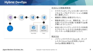 Copyright © Japan Business Systems, Inc. 5
状況および課題(開発者)
• クラウドとオンプレミスに同一のクラウ
ドネイティブなアプリケーションを継続
的に展開したい。
• 継続的に開発と改善を行いたい。
• 開発者は同じツール、開発手法、コード
を用いてクラウドの違いを意識する必要
が無いようにしたい。
• 状況に応じてパブリッククラウドの利用
もプライベートクラウドの利用も自由に
コントロール可能な状況にしたい。
解決方法
• パブリッククラウドにAzureを、オンプ
レミスにAzure Stackを利用しHybrid
DevOps環境を構築する。
Hybrid DevOps
 