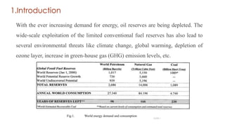 1.Introduction
With the ever increasing demand for energy, oil reserves are being depleted. The
wide-scale exploitation of the limited conventional fuel reserves has also lead to
several environmental threats like climate change, global warming, depletion of
ozone layer, increase in green-house gas (GHG) emission levels, etc.
3
SLIDE 1
Fig.1. World energy demand and consumption
 