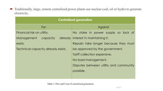  Traditionally, large, remote centralized power plants use nuclear coal, oil or hydro to generate
electricity.
Centralized generation
For Against
Financial risk on utility.
Management capacity already
exists.
Technical capacity already exists.
No stake in power supply so lack of
interest in maintaining it.
Repairs take longer because they must
be approved by the government.
Tariff collection expensive.
No load management.
Disputes between utility and community
possible.
4
SLIDE 2
Table.1. Pros and Cons of centralized generation
 