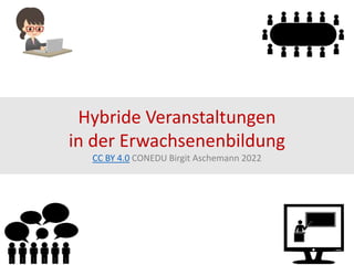 Hybride Veranstaltungen
in der Erwachsenenbildung
CC BY 4.0 CONEDU Birgit Aschemann 2022
 