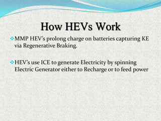 How HEVs Work
MMP HEV’s prolong charge on batteries capturing KE

via Regenerative Braking.
HEV’s use ICE to generate Electricity by spinning

Electric Generator either to Recharge or to feed power

 