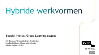15-11-2022
Jet Bierman, Universiteit van Amsterdam
Len Dijstelbloem, Universiteit Utrecht
Michel Jansen, SURF
Special Interest Group Learning spaces
 
