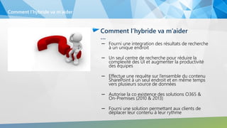Comment l’hybride va m’aider
– Fourni une integration des résultats de recherche
à un unique endroit
– Un seul centre de recherche pour réduire la
complexité des UI et augmenter la productivité
des équipes
– Effectue une requête sur l’ensemble du contenu
SharePoint à un seul endroit et en même temps
vers plusieurs source de données
– Autorise la co existence des solutions O365 &
On-Premises (2010 & 2013)
– Fourni une solution permettant aux clients de
déplacer leur contenu à leur rythme
Comment l’hybride va m’aider
…
 
