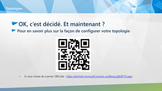 OK, c’est décidé. Et maintenant ?
Pour en savoir plus sur la façon de configurer votre topologie
– Si vous n’avez de scanner QRCode : https://technet.microsoft.com/en-us/library/jj838715.aspx
Topologies
 