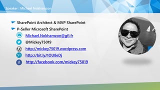 Michael.Nokhamzon@gfi.fr
http://mickey75019.wordpress.com
http://bit.ly/1OU8eDj
http://facebook.com/mickey75019
Speaker : Michael Nokhamzon
 