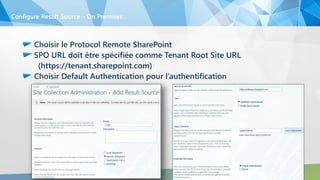 Choisir le Protocol Remote SharePoint
SPO URL doit être spécifiée comme Tenant Root Site URL
(https://tenant.sharepoint.com)
Choisir Default Authentication pour l’authentification
Configure Result Source – On Premises
 