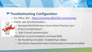 Troubleshooting Configuration
– For Office 365 : https://onramp.office365.com/onramp
– Forcer une Synchronisation :
• %programfiles%Windows Azure Active Directory Sync
• DirSyncConfigShell.psc1
• Start-OnlineCoexistenceSync
– Désactiver la synchronisation via PowerShell
• Set-MsolDirSyncEnabled –EnableDirSync $false
• Get-MsolCompanyInformation.DirectorySynchronizationEnabled
TROUBLESHOOTING
 