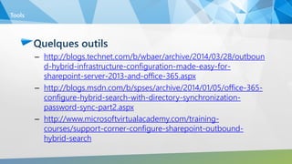 Quelques outils
– http://blogs.technet.com/b/wbaer/archive/2014/03/28/outboun
d-hybrid-infrastructure-configuration-made-easy-for-
sharepoint-server-2013-and-office-365.aspx
– http://blogs.msdn.com/b/spses/archive/2014/01/05/office-365-
configure-hybrid-search-with-directory-synchronization-
password-sync-part2.aspx
– http://www.microsoftvirtualacademy.com/training-
courses/support-corner-configure-sharepoint-outbound-
hybrid-search
Tools
 