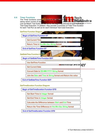 6.8   Timer Functions
      The Timer functions consist of functions for date and time. It provides the time
      stamp which consist of start date and time at the start and end of each Test Run
      (can be Batch/ Test Suite) as well as for the beginning and end of each individual
      Test Case Execution. In addition, they provide a summary of Total Time Duration
      for each Test Run as well as for each individual Test Case Execution.

      GetTime Function Diagram

         Begin of GetTime Function GT

              Get Current Time

              Return Time in Hrs:Min:Sec String format

         End of GetTime Function GT


      GetDateTime Function Diagram

         Begin of GetDateTime Function GDT

              Use GetTime Function

              Get Current Date

              Convert Date to DD-MM-YYYY String format

              Join the Date and Time in String format and Return the value

         End of GetDateTime Function GDT


      GetTimeDuration Function Diagram

         Begin of GetTimeDuration Function GTD

              Get Start Time in Integer format

              Get End Time in Integer format

              Calculate the Difference between Start and End Time

              Return the Time Difference in Hrs:Min:Sec String format

         End of GetTimeDuration Function GTD




                                                                   © Tech Mahindra Limited 4/23/2013
 