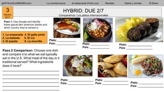 gENTEqUEcOMEbIEN.com La comida buena el restaurante Profe Loco Recetas Gente y comida El Show
HYBRID: DUE 2/7
Comparamos: Los platos internacionales
1. La empanada 4. El gallo pinto
2. La baleada 5. El cui
3. El pozole 6. La morcilla
Plato: ________________
País: _________________
Plato: ________________
País: _________________
Plato: ________________
País: _________________
Plato: ____________
País: _____________ Plato: ____________
País: _____________
Paso 2 Comparison: Choose one dish
and compare it to what we eat typically
eat in the U.S. What meal of the day is it
traditional served? What ingredients
does it have?
________________________________
________________________________
________________________________
________________________________
________________________________
________________________________
Paso 1: Use Google and identify
these typical latin american dishes and
which country they’re served in.
Plato: ________________
País: _________________
3
febrero
2017
 