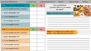 gENTEqUEcOMEbIEN.com La comida buena el restaurante Profe Loco Recetas Gente y comida El Show
Paso 2: Escribe Sobre tus hábitos
Las quantidades:
¿Comen bien tú y tu pareja
de clase?
___________________________________________
___________________________________________
___________________________________________
___________________________________________
___________________________________________
___________________________________________
Paso 4: Un análisis de los hábitos de tu
pareja. ¿Son diferentes que los tuyos?
___________________________________________
___________________________________________
___________________________________________
___________________________________________
___________________________________________
___________________________________________
Paso 1: Tus hábitos de comer sí no
1. ¿Comes mucho pescado o mariscos?
2. ¿Bebes demasiado café?
3. ¿Comes bastante fruta?
4. ¿Comes pocas verduras?
5. ¿Tomas mucho alcohol?
Paso 3: Los hábitos de comer de tu pareja sí no
1. ¿Comes mucho pescado o mariscos?
2. ¿Bebes demasiado café?
3. ¿Comes bastante fruta?
4. ¿Comes pocas verduras?
5. ¿Tomas mucho alcohol?
 