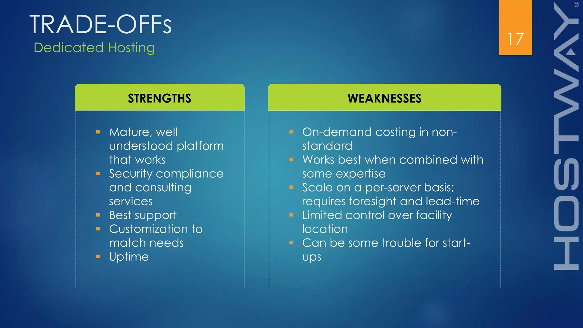 Dedicated Hosting
17
TRADE-OFFs
STRENGTHS WEAKNESSES
 Mature, well
understood platform
that works
 Security compliance
and consulting
services
 Best support
 Customization to
match needs
 Uptime
 On-demand costing in non-
standard
 Works best when combined with
some expertise
 Scale on a per-server basis;
requires foresight and lead-time
 Limited control over facility
location
 Can be some trouble for start-
ups
 