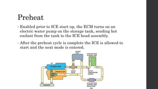 Preheat
• Enabled prior to ICE start up, the ECM turns on an
electric water pump on the storage tank, sending hot
coolant from the tank to the ICE head assembly.
• After the preheat cycle is complete the ICE is allowed to
start and the next mode is entered.
 