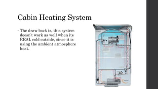 Cabin Heating System
• The draw back is, this system
doesn’t work as well when its
REAL cold outside, since it is
using the ambient atmosphere
heat.
 