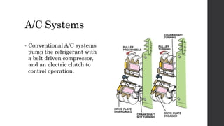 A/C Systems
• Conventional A/C systems
pump the refrigerant with
a belt driven compressor,
and an electric clutch to
control operation.
 