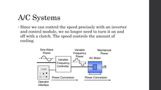 A/C Systems
• Since we can control the speed precisely with an inverter
and control module, we no longer need to turn it on and
off with a clutch. The speed controls the amount of
cooling.
 