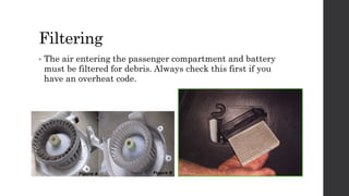 Filtering
• The air entering the passenger compartment and battery
must be filtered for debris. Always check this first if you
have an overheat code.
 