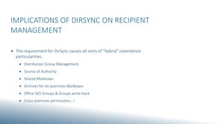 IMPLICATIONS OF DIRSYNC ON RECIPIENT
MANAGEMENT
 The requirement for DirSync causes all sorts of “hybrid” coexistence
particularities:
 Distribution Group Management
 Source of Authority
 Shared Mailboxes
 Archives for on-premises Mailboxes
 Office 365 Groups & Groups write-back
 Cross-premises permissions…!
 