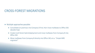 CROSS-FOREST MIGRATIONS
 Multiple approaches possible:
 Consolidate on-premises into Company A first; then move mailboxes to Office 365
(double-hop)
 Create multi-forest hybrid deployment and move mailboxes from Company B into
Office 365
 Move mailboxes from Company B directly into Office 365 a.k.a. “Simple MRS
migration”
 