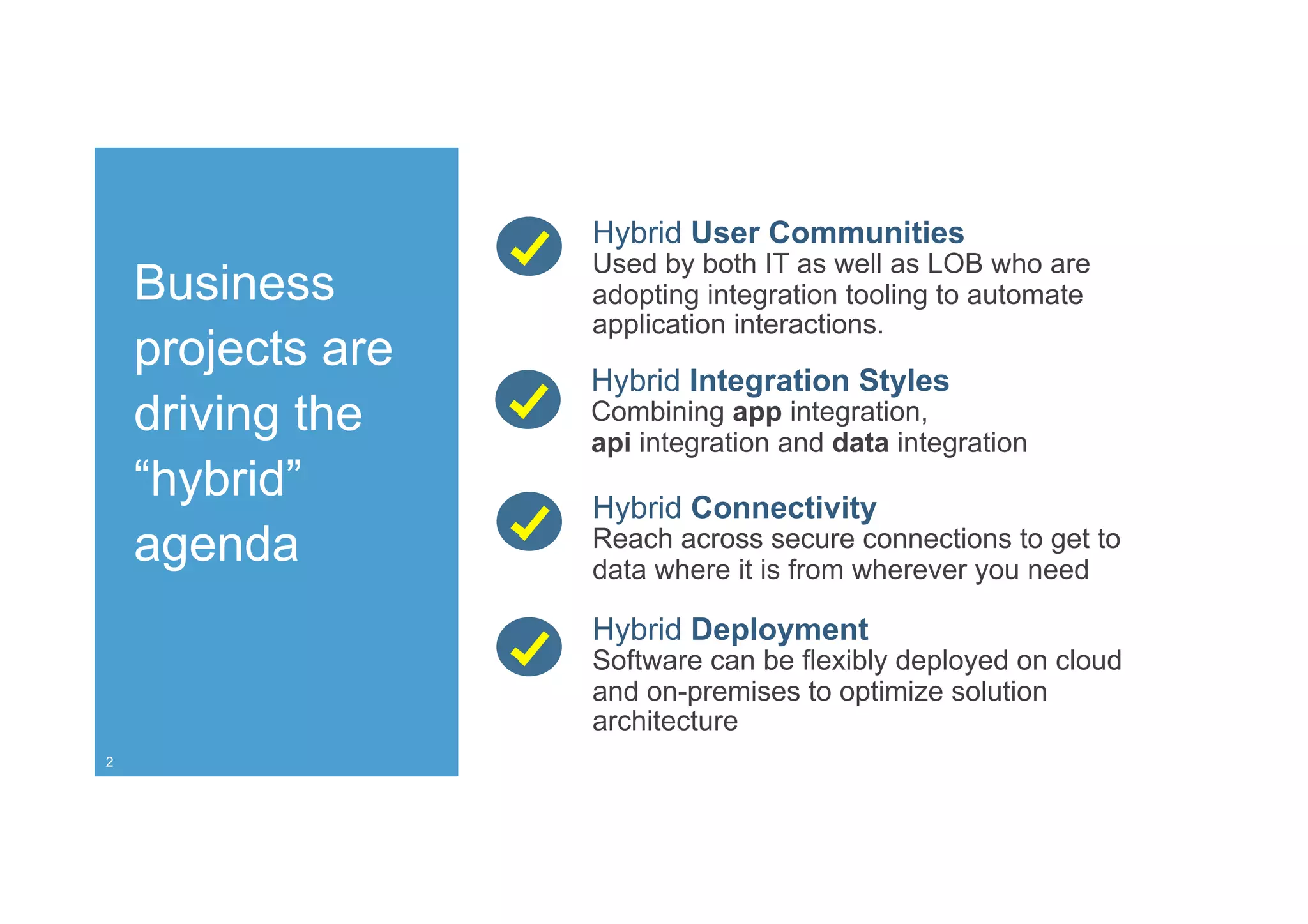 Business
projects are
driving the
“hybrid”
agenda
Hybrid Integration Styles
Combining app integration,
api integration and data integration
Hybrid Deployment
Software can be flexibly deployed on cloud
and on-premises to optimize solution
architecture
Hybrid Connectivity
Reach across secure connections to get to
data where it is from wherever you need
2
Hybrid User Communities
Used by both IT as well as LOB who are
adopting integration tooling to automate
application interactions.
 