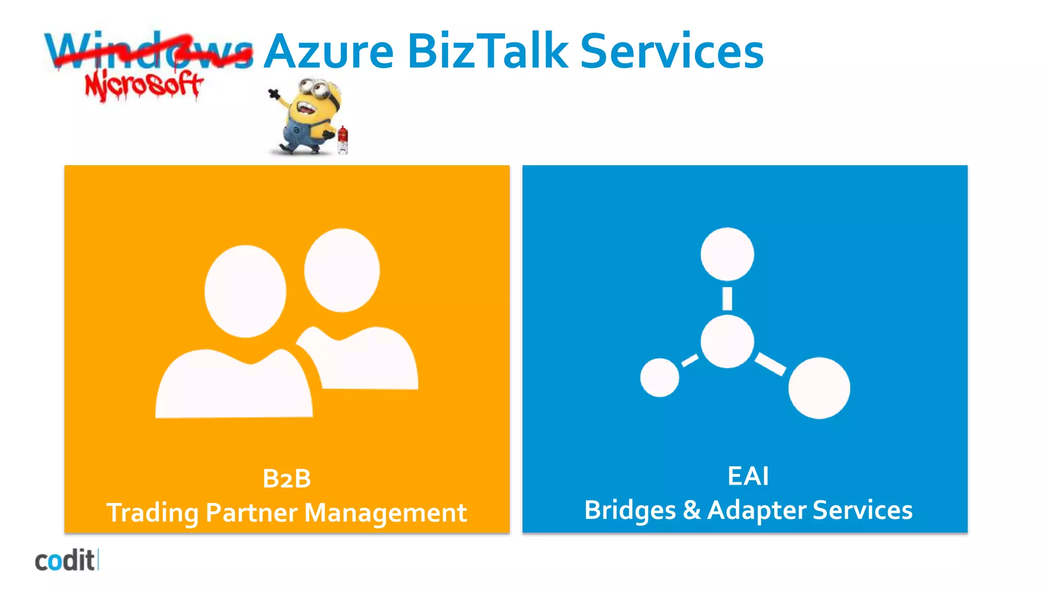 Windows Azure BizTalk Services
B2B
Trading Partner Management
EAI
Bridges & Adapter Services
 