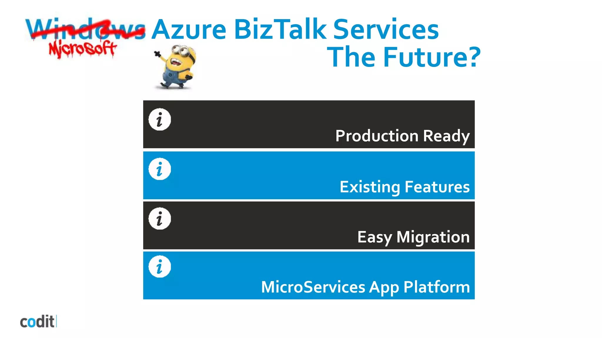Windows Azure BizTalk Services
Production Ready
Existing Features
Easy Migration
MicroServices App Platform
The Future?
 