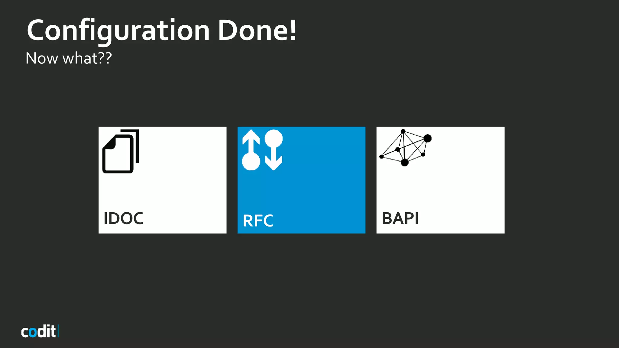 Configuration Done!
Now what??
RFCIDOC BAPI
 