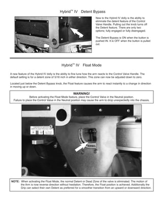 WARNING!
Hybrid
TM
IV Detent Bypass
NOTE:
the Arm is now reverse direction without hesitation. Therefore, the Float position is achieved. Additionally the
Grip can select their own Detent as preferred for a smoother transition from an upward or downward direction.
New to the Hybrid IV dolly is the ability to
eliminate the detent feature of the Control
the Detent feature. There are only two
Hybrid
TM
IV Float Mode
A new feature of the Hybrid IV dolly is the ability to fine tune how the arm reacts to the Control Valve Handle. The
The Detent Bypass is ON when the button is
pushed IN. It is OFF when the button is pulled
out.
 
