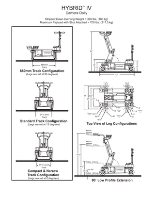 HYBRID
TM
IV
Camera Dolly
Stripped Down Carrying Weight = 395 lbs. (180 kg)
Maximum Payload with Strut Attached = 700 lbs. (317.5 kg)
880mm Track Configuration
(Legs are set at 80 degrees)
CHAPMAN
880mm
Track
Standard Track Configuration
(Legs are set at 12 degrees)
241/2 inch
Track
Low Profile Extension
CHAPMAN
64.2”
4.4”
HYBRIDIV
21.4”
CHAPMAN
53”
17”
19”
14”
HYBRIDIV
0˚
12.9˚
45˚
90˚
180˚
90˚
45˚
12.9˚
0˚
Standard
Track
Standard
Track
12˚
Standard
Track
80˚
880mm
Track
37”
39”
Top View of Leg Configurations
Compact & Narrow
Track Configuration
(Legs are set at 0 degrees)
With 7 in.
Extension
With 7 in.
Extension
2113/16 inch
Track
29.5”
27”
62”
47.2”
 