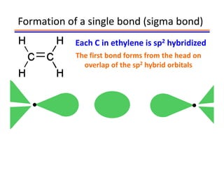 Formation of a single bond (sigma bond)
            Each C in ethylene is sp2 hybridized
            The first bond forms from the head on
              overlap of the sp2 hybrid orbitals
 