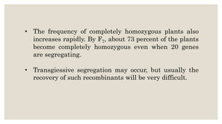 • The frequency of completely homozygous plants also
increases rapidly. By F7, about 73 percent of the plants
become completely homozygous even when 20 genes
are segregating.
• Transgiessive segregation may occur, but usually the
recovery of such recombinants will be very difficult.
 