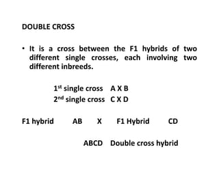 DOUBLE CROSS
• It is a cross between the F1 hybrids of two
different single crosses, each involving two
different inbreeds.
1st single cross A X B
2nd single cross C X D
F1 hybrid AB X F1 Hybrid CD
ABCD Double cross hybrid
DOUBLE CROSS
• It is a cross between the F1 hybrids of two
different single crosses, each involving two
different inbreeds.
1st single cross A X B
2nd single cross C X D
F1 hybrid AB X F1 Hybrid CD
ABCD Double cross hybrid
 