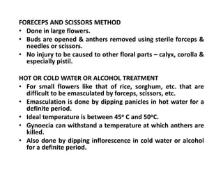 FORECEPS AND SCISSORS METHOD
• Done in large flowers.
• Buds are opened & anthers removed using sterile forceps &
needles or scissors.
• No injury to be caused to other floral parts – calyx, corolla &
especially pistil.
HOT OR COLD WATER OR ALCOHOL TREATMENT
• For small flowers like that of rice, sorghum, etc. that are
difficult to be emasculated by forceps, scissors, etc.
• Emasculation is done by dipping panicles in hot water for a
definite period.
• Ideal temperature is between 45o C and 50oC.
• Gynoecia can withstand a temperature at which anthers are
killed.
• Also done by dipping inflorescence in cold water or alcohol
for a definite period.
FORECEPS AND SCISSORS METHOD
• Done in large flowers.
• Buds are opened & anthers removed using sterile forceps &
needles or scissors.
• No injury to be caused to other floral parts – calyx, corolla &
especially pistil.
HOT OR COLD WATER OR ALCOHOL TREATMENT
• For small flowers like that of rice, sorghum, etc. that are
difficult to be emasculated by forceps, scissors, etc.
• Emasculation is done by dipping panicles in hot water for a
definite period.
• Ideal temperature is between 45o C and 50oC.
• Gynoecia can withstand a temperature at which anthers are
killed.
• Also done by dipping inflorescence in cold water or alcohol
for a definite period.
 