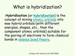 What is hybridization?
Hybridisation (or hybridization) is the
concept of mixing atomic orbitals into
new hybrid orbitals (with different
energies, shapes, etc., than the
component atomic orbitals) suitable for
the pairing of electrons to form chemical
bonds in valence bond theory.
A.K.Gupta, PGT Chemistry, KVS ZIET BBSR
 