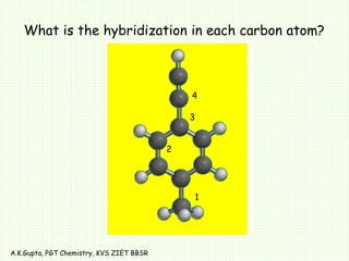 What is the hybridization in each carbon atom?
1
2
3
4
A.K.Gupta, PGT Chemistry, KVS ZIET BBSR
 