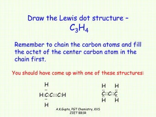 Draw the Lewis dot structure –
C3H4
Remember to chain the carbon atoms and fill
the octet of the center carbon atom in the
chain first.
You should have come up with one of these structures:
H:C:C:::C:H
H
H
..
..
C::C::C
H
H
..
..
H
H
..
..
A.K.Gupta, PGT Chemistry, KVS
ZIET BBSR
 