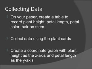 Collecting Data
 On your paper, create a table to
record plant height, petal length, petal
color, hair on stem.
 Collect data using the plant cards
 Create a coordinate graph with plant
height as the x-axis and petal length
as the y-axis
 