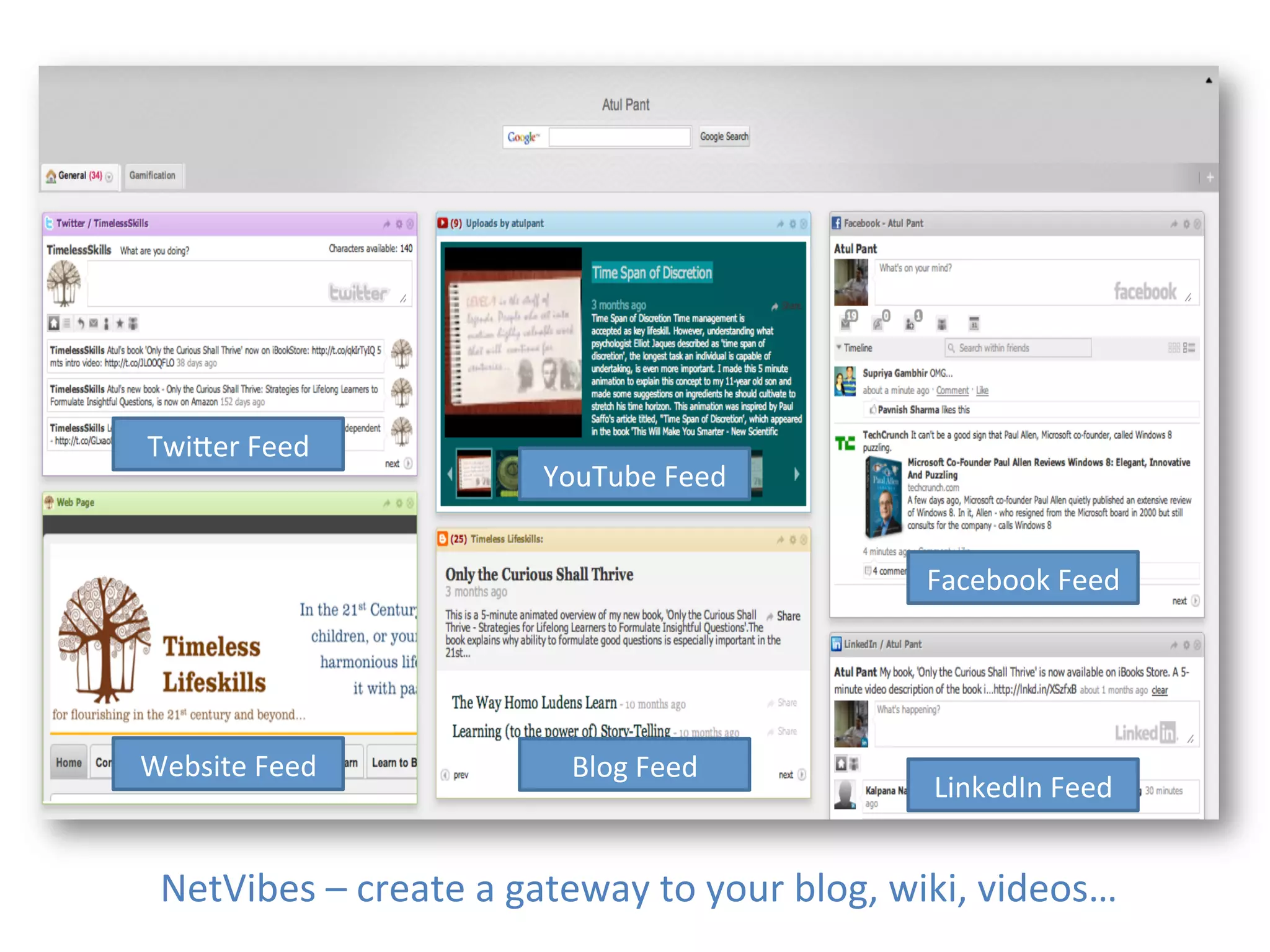 Twider	
  Feed	
  
                                    YouTube	
  Feed	
  


                                                                      Facebook	
  Feed	
  




Website	
  Feed	
                     Blog	
  Feed	
  
                                                                      LinkedIn	
  Feed	
  


  NetVibes	
  –	
  create	
  a	
  gateway	
  to	
  your	
  blog,	
  wiki,	
  videos…	
  
 