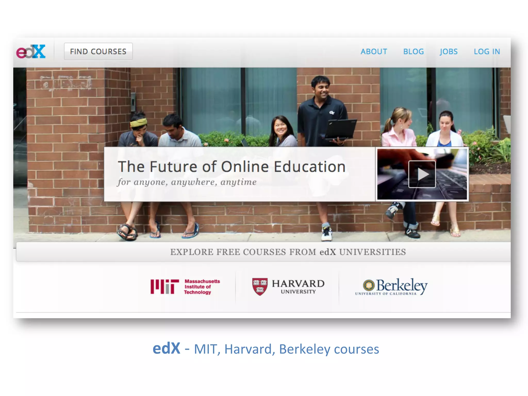 edX	
  -­‐	
  MIT,	
  Harvard,	
  Berkeley	
  courses	
  
 